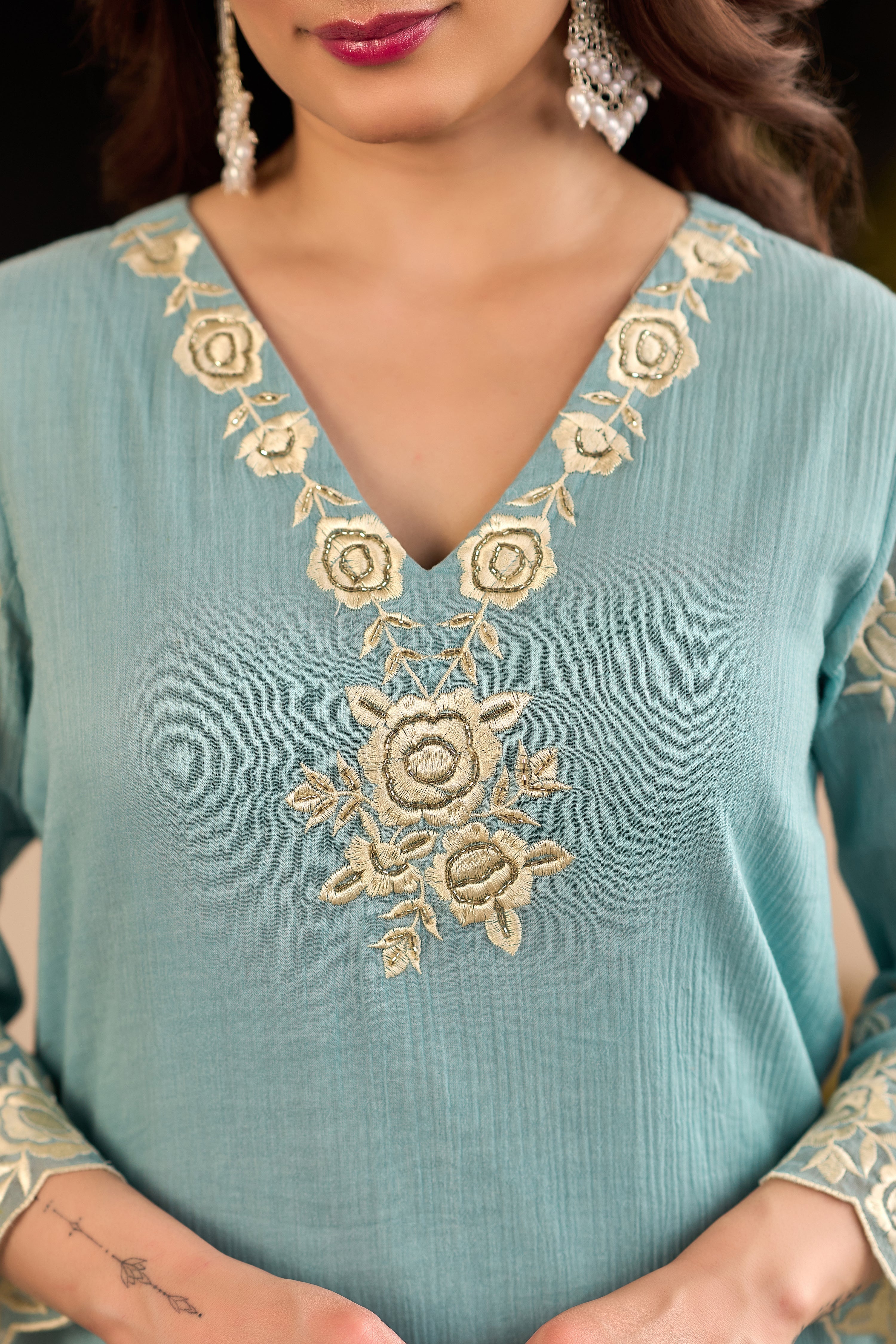 Sky Petal Elegance Sky Blue Embroidered Kurta Set with Dupatta