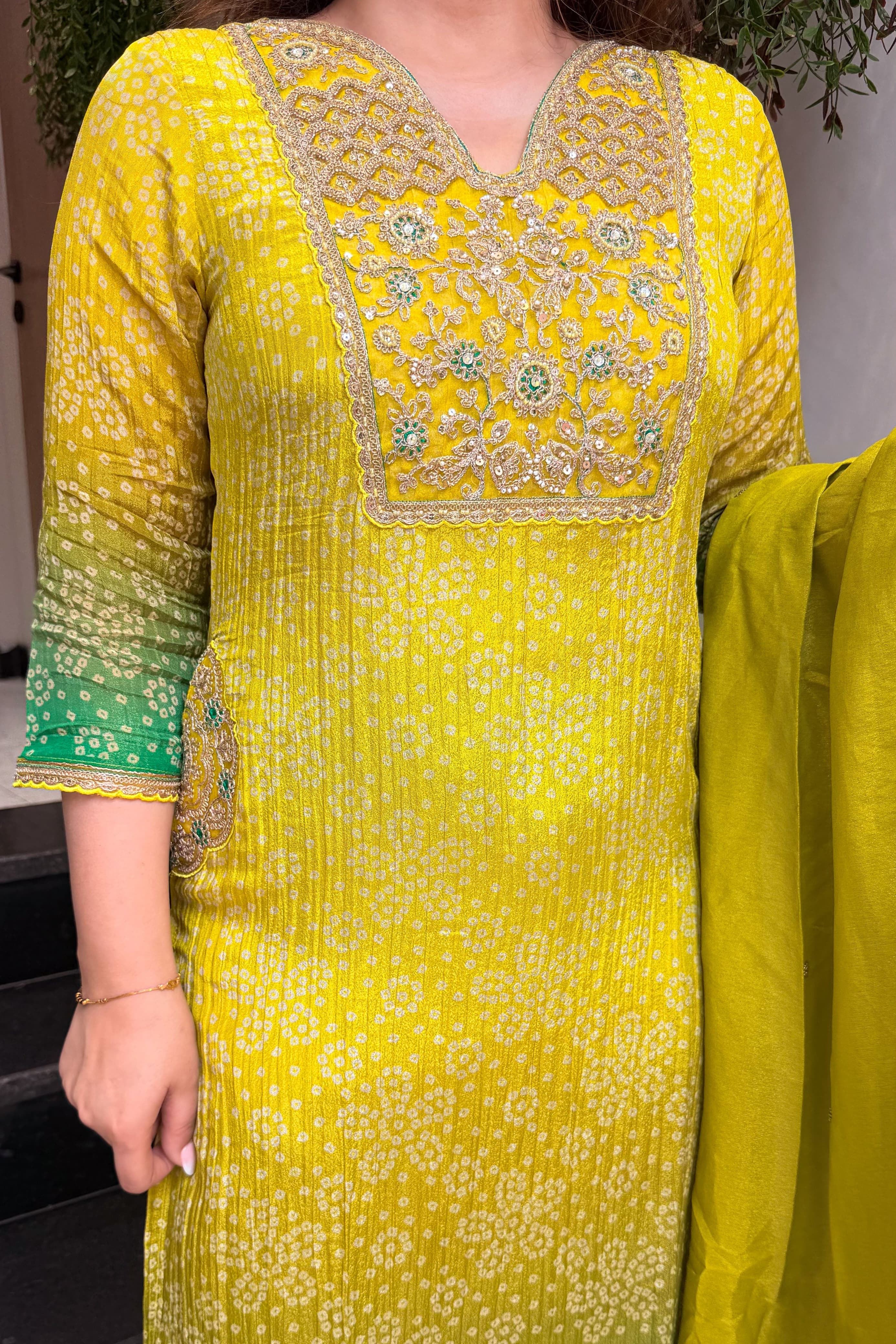 Lime Green Bandhani Print Premium Silk Suit Set