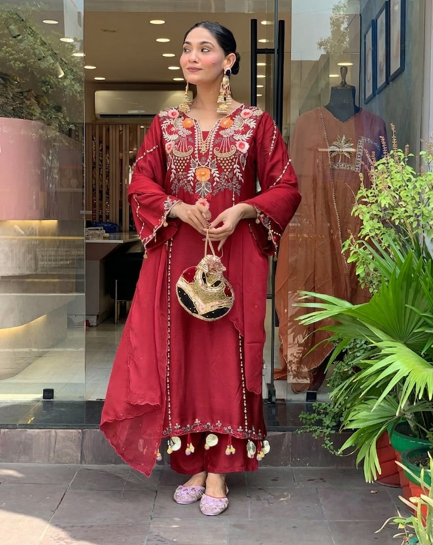 Elegant Maroon Chanderi Silk Heavily Embroidered Kurta Pant Set With Dupatta