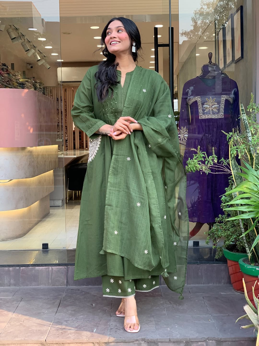 Olive Green Cotton Blend Embroidered Kurta With Pant & Dupatta Set