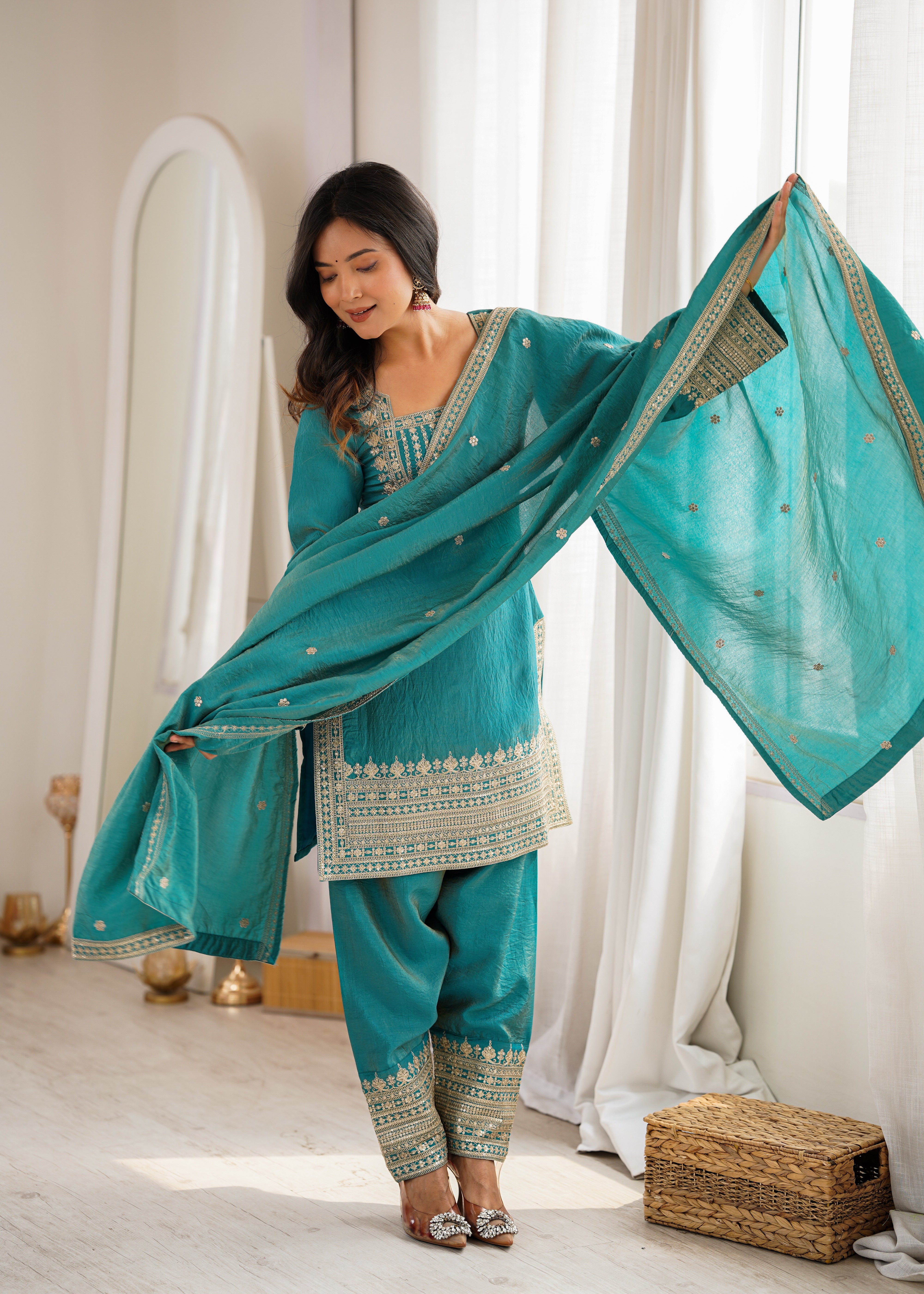 Sea Green Color NC Vichitra Silk Farshi Salwar Suit