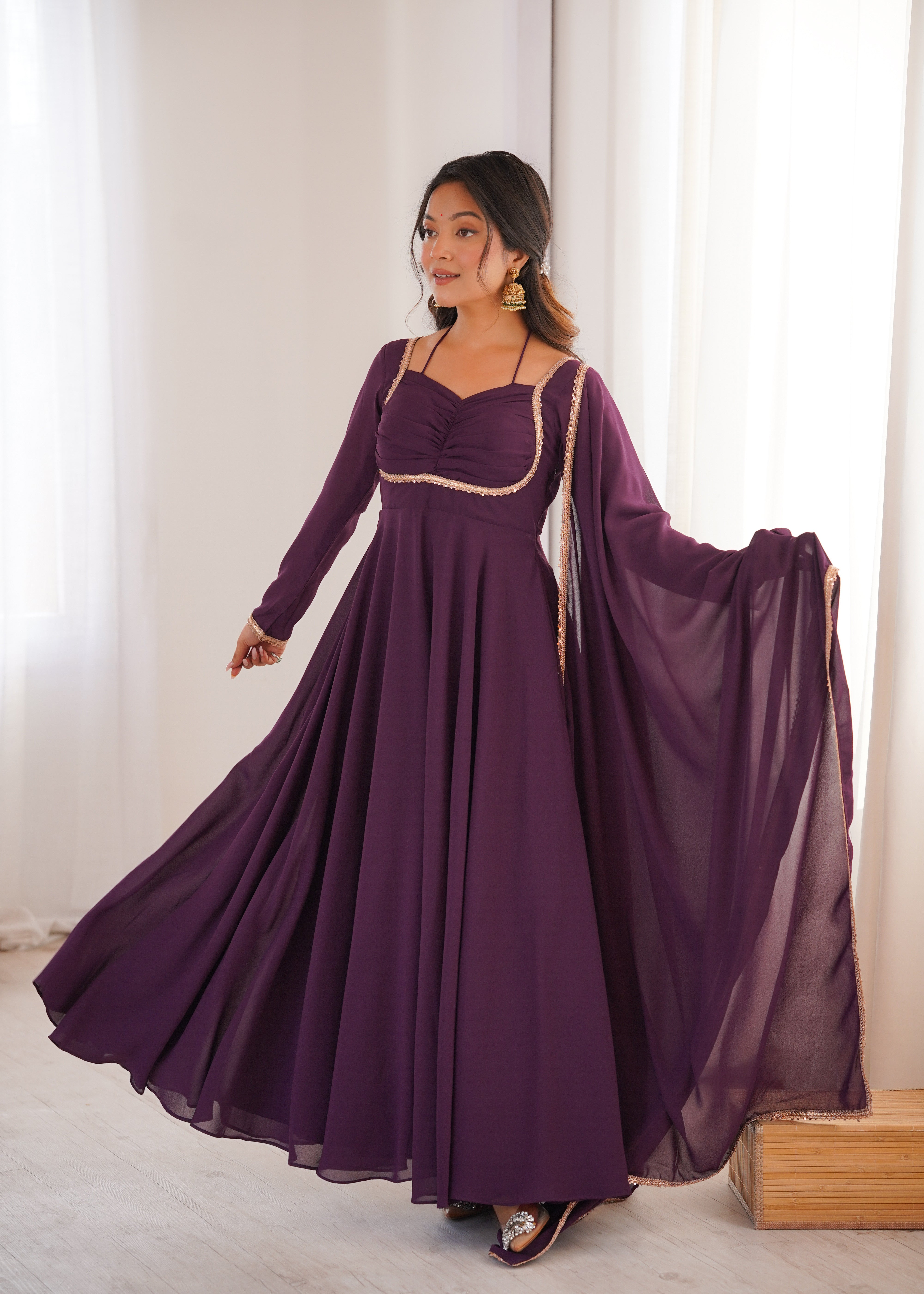 Wine Pure Fox Blooming Georgette Anarkali Dress With Dupatta