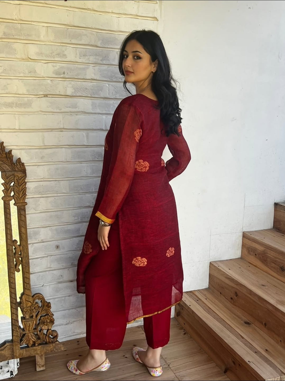 Maroon Straight Kurta Set featuring Exquisite Handwoven Border