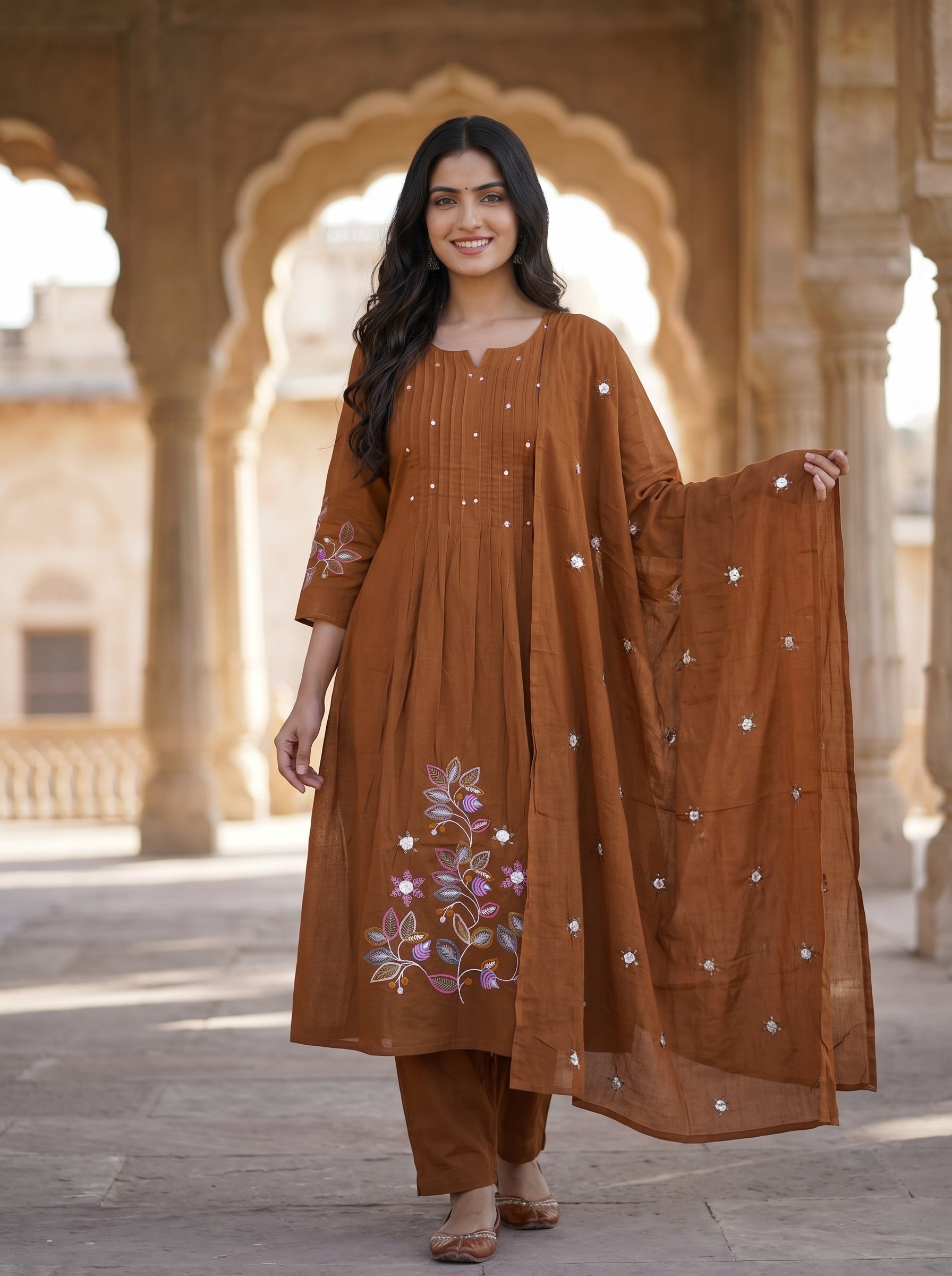 Coffee Brown Embroidered Cotton Kurta Pant Set with Dupatta