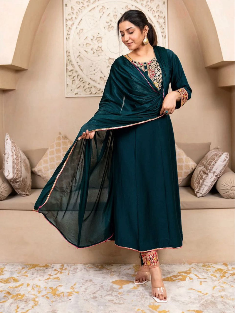 Teal Embroidered Anarkali Kurta Set with Dupatta