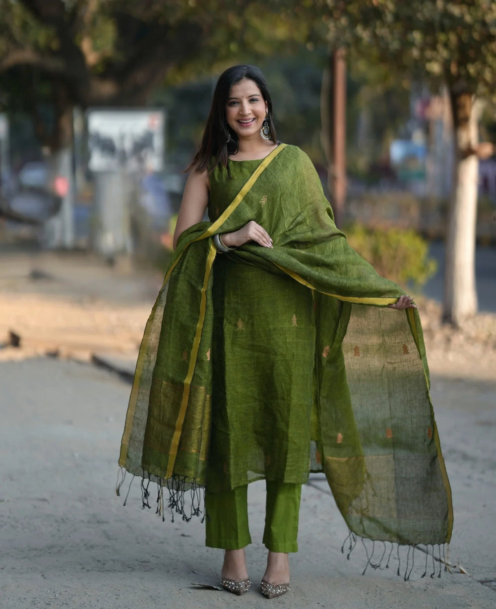 Classic Olive Green Straight Kurta Pant Set with Dupatta