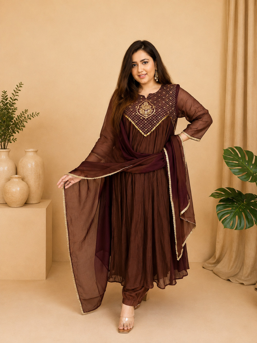 Premium Pure Mul Chanderi Festive Anarkali Suit Set in Espresso Brown
