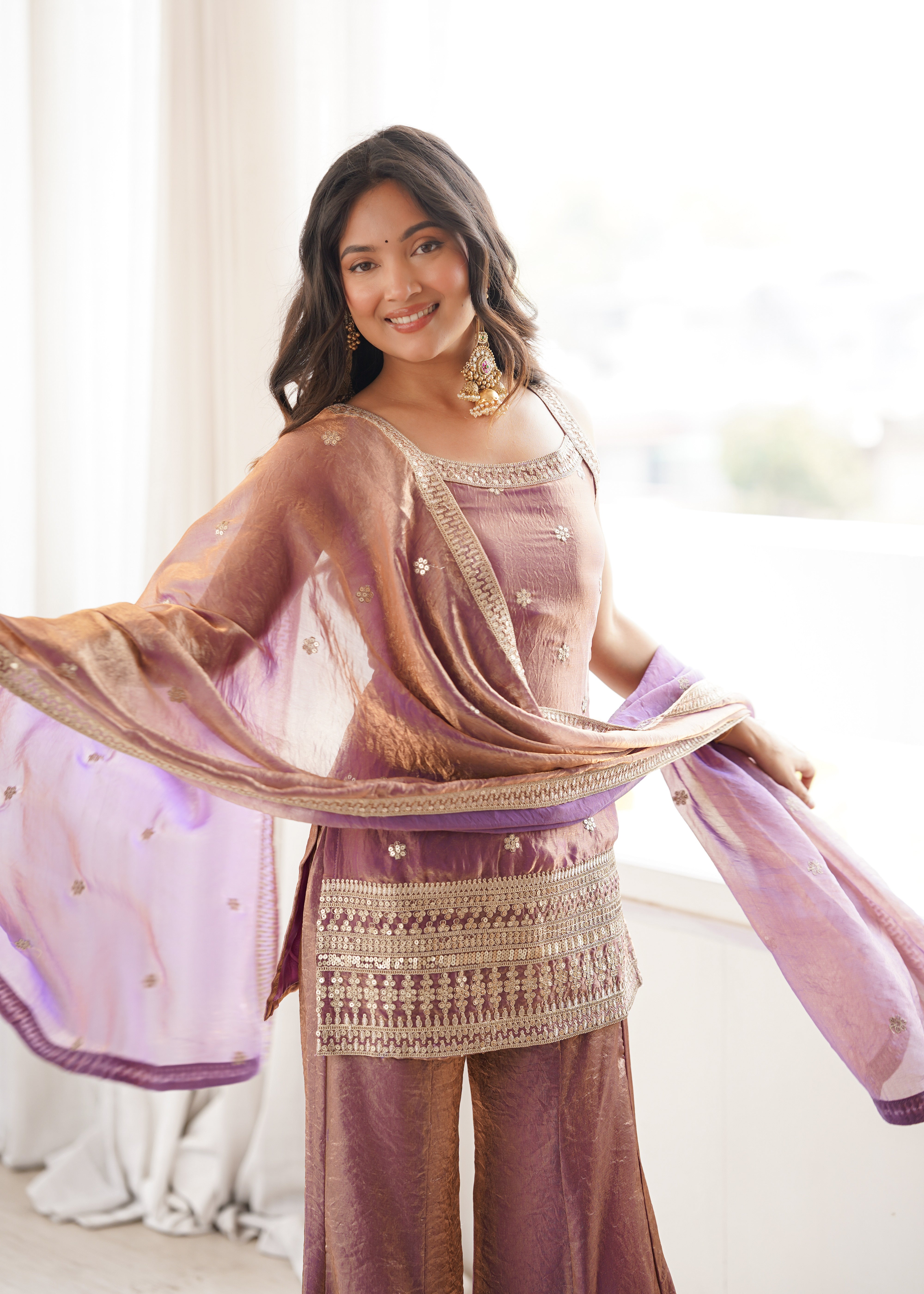Royal Mauve Silk Embroidered Sharara Suit with Fancy Lace Border