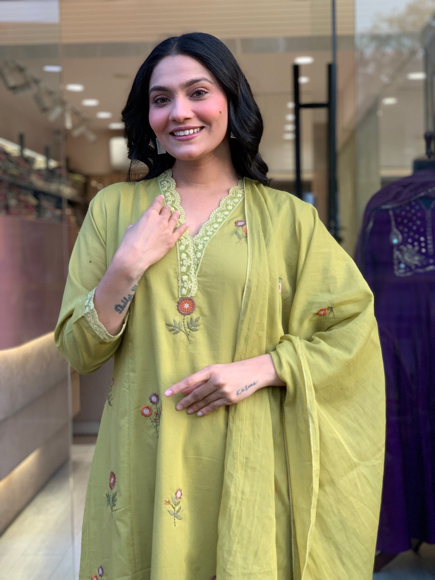 Pista Floral Embroidered Chanderi Kurta Set with Dupatta