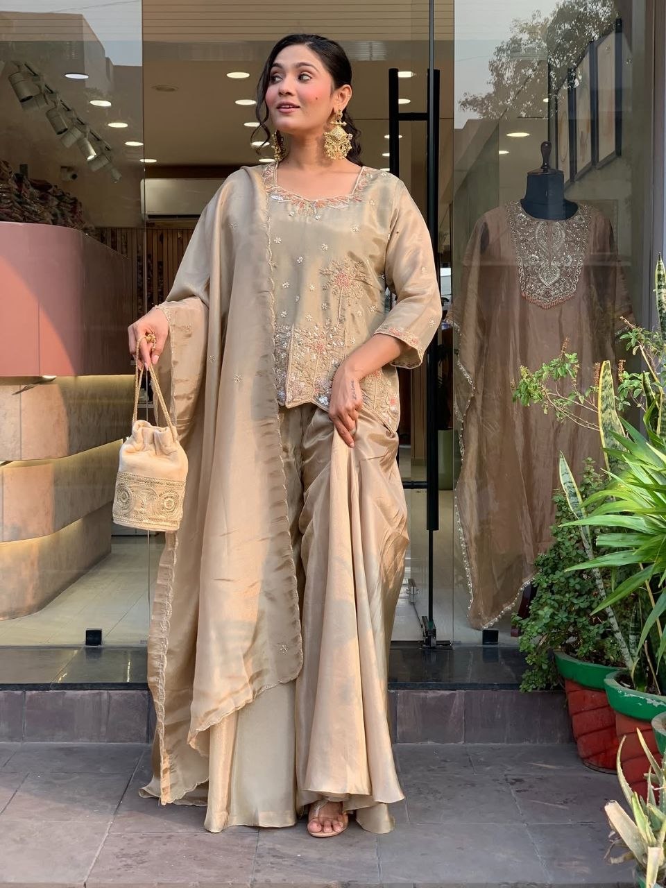 Festive Cream Silk Peplum Kurti & Sharara Suit with Matching Potli Bag