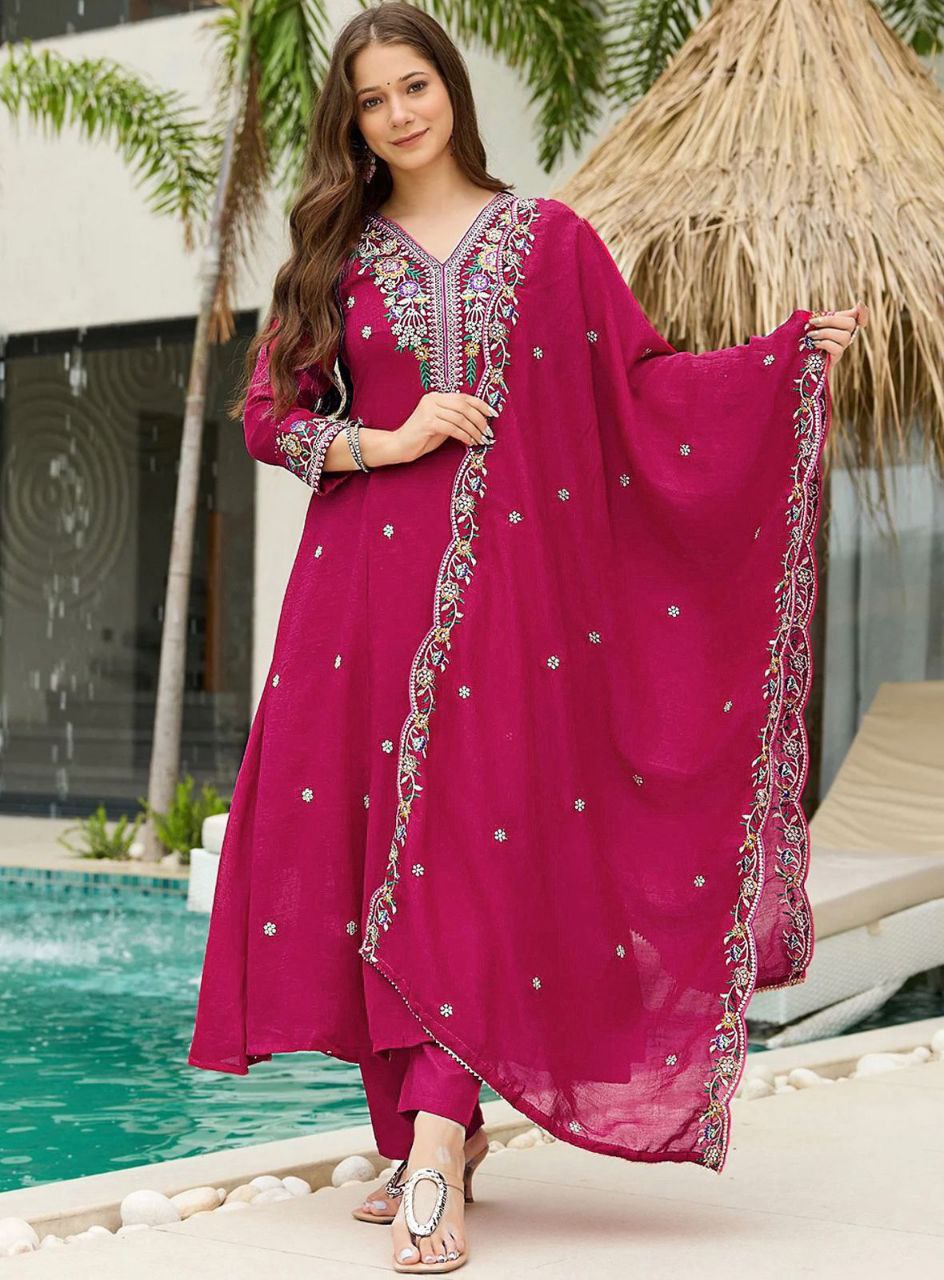 Elegant Vichitra Silk Embroidered Anarkali Kurta Set with Dupatta
