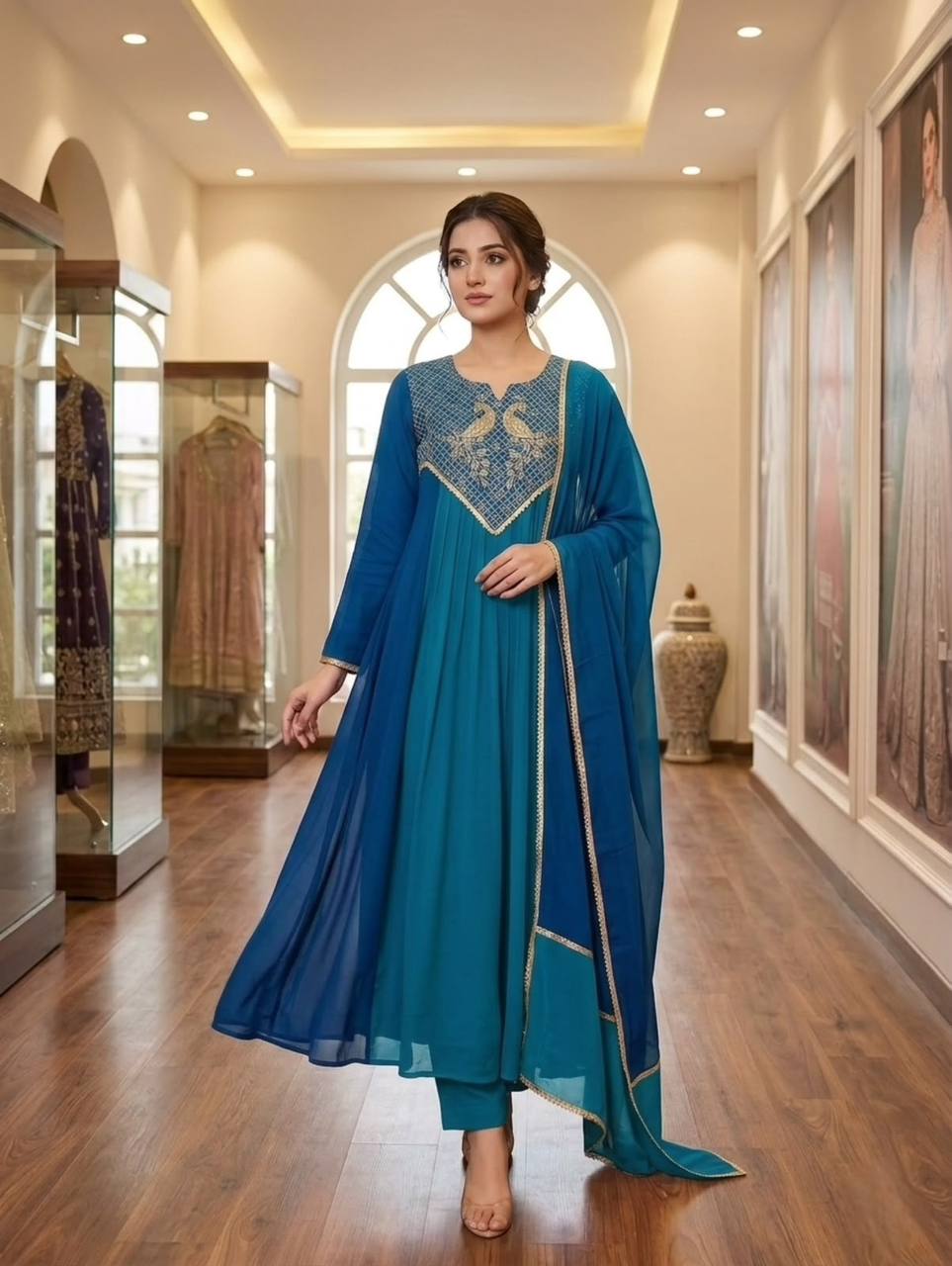 Peacock Embroidered Teal Blue Anarkali Kurta Set with Dupatta