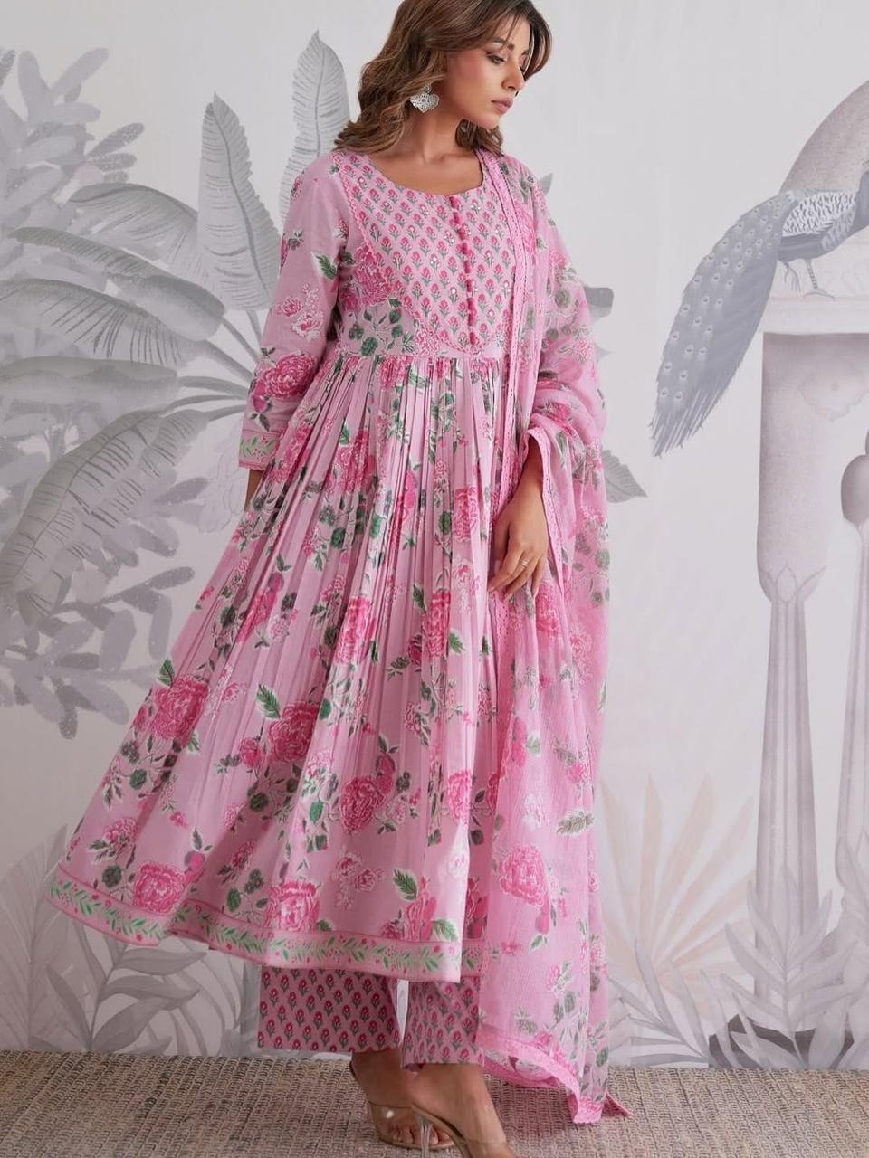 Premium Pink Floral Jaipuri Cotton 6060 Flared Anarkali Suit Set with Pant & Dupatta