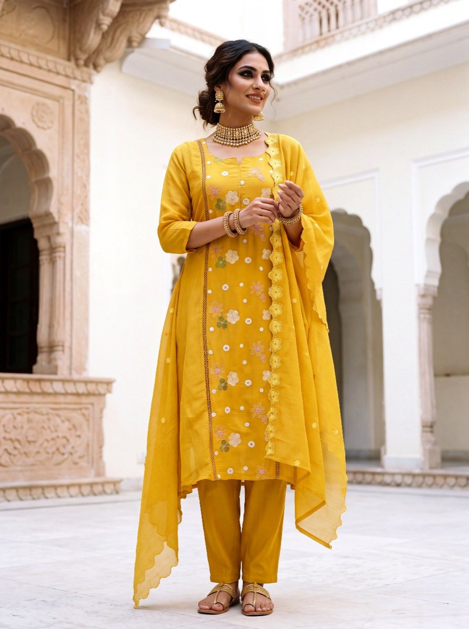 Mustard Meadow Embroidered Mul Silk Pant Set