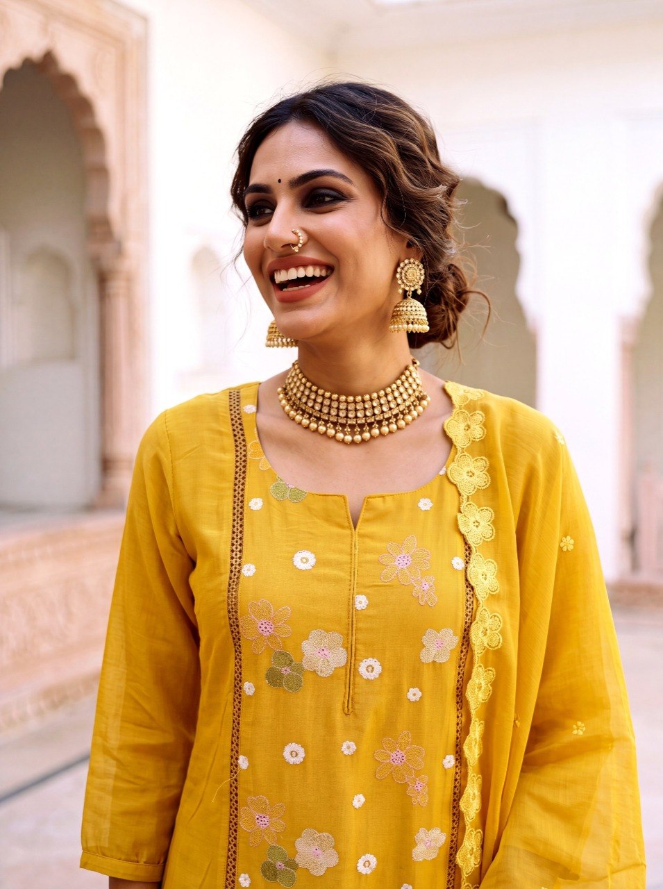 Mustard Meadow Embroidered Mul Silk Pant Set