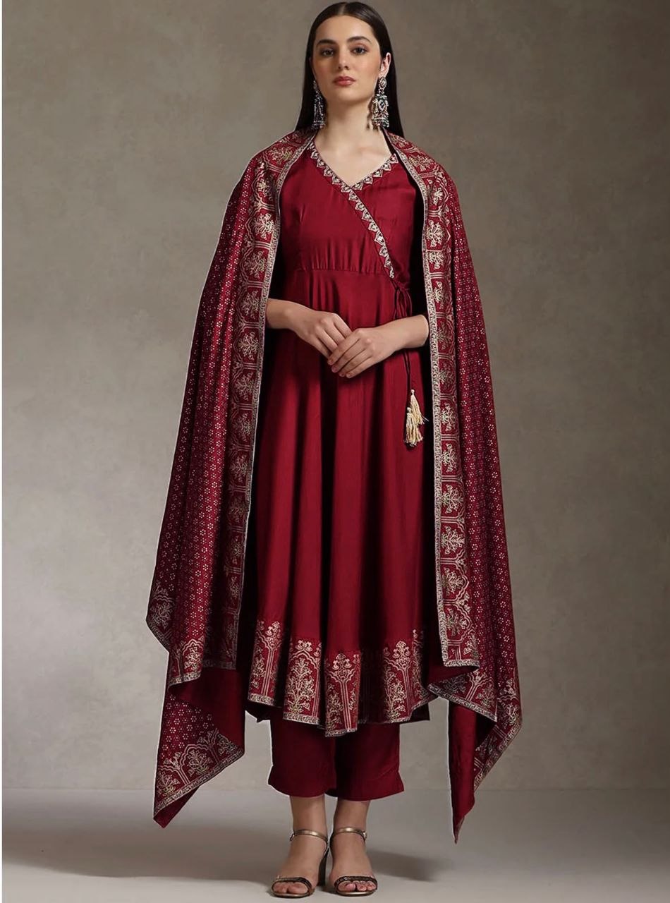 Maroon Anarkali Kurta Set with Zari Border Dupatta & Pants