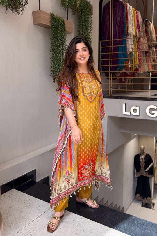 Yellow Mustard Printed Kaftan  Kurti Set with Beads Work & Pants