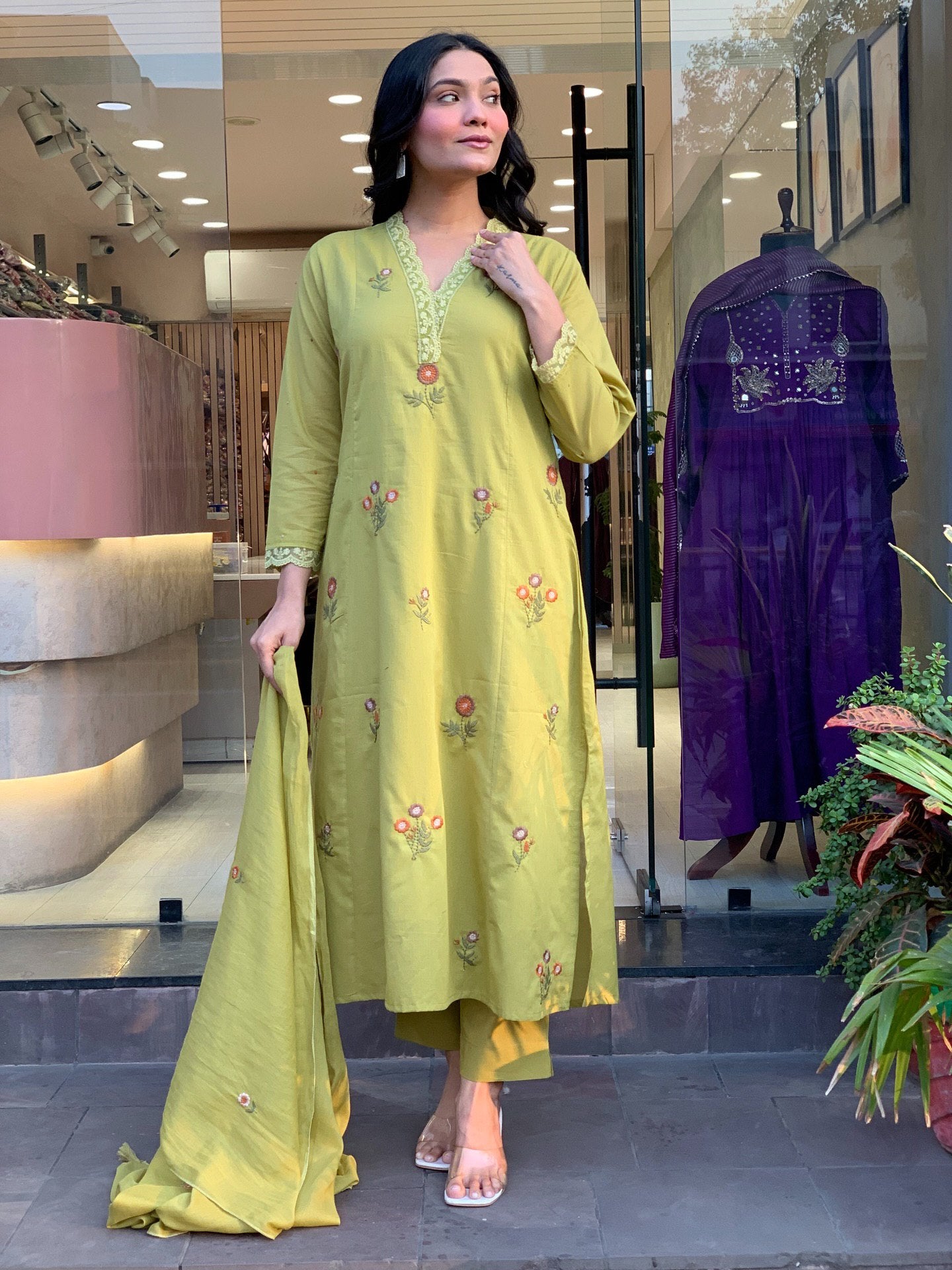 Pista Floral Embroidered Chanderi Kurta Set with Dupatta