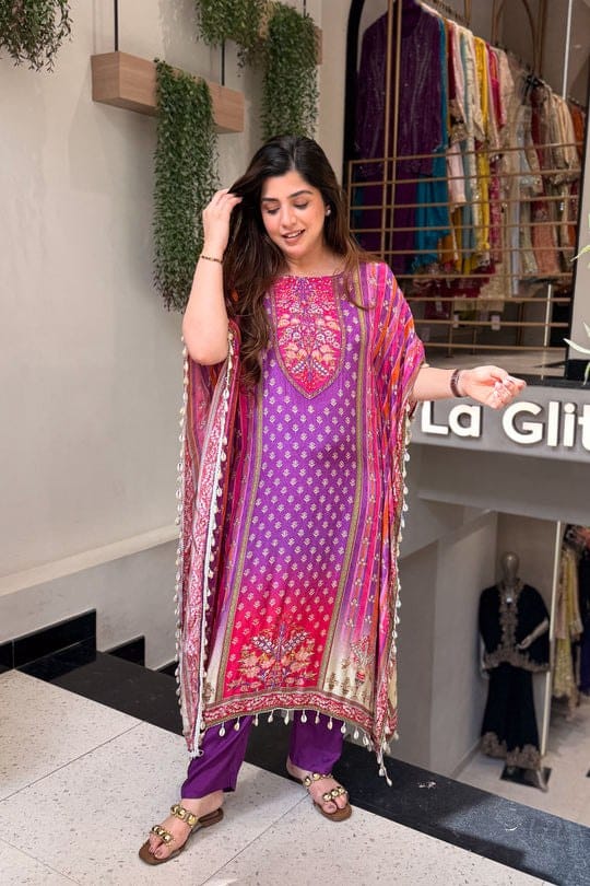Purple Mustard Printed Kaftan Kurti Set with Beads Work & Pants
