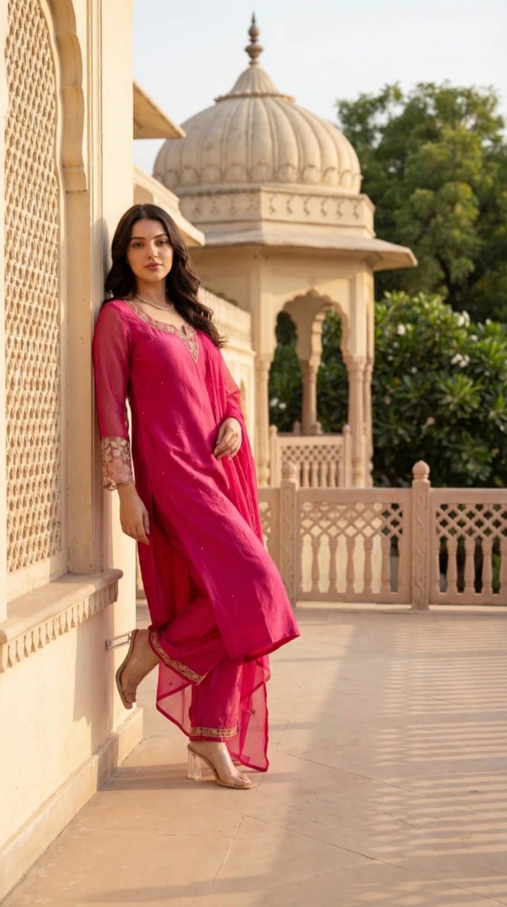 Fuchsia Pink Silk Blend Ethnic Motifs Embroidered Festive Suit Set (Set of 3)