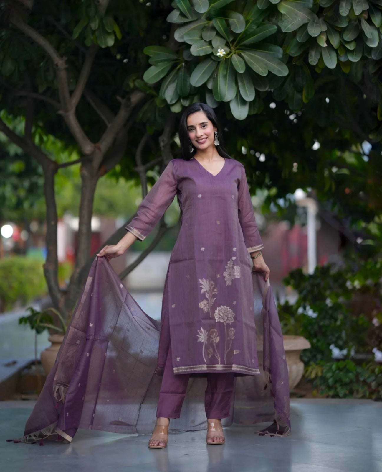 Pastel Mauve Floral Kurta Pant Set with Sheer Dupatta