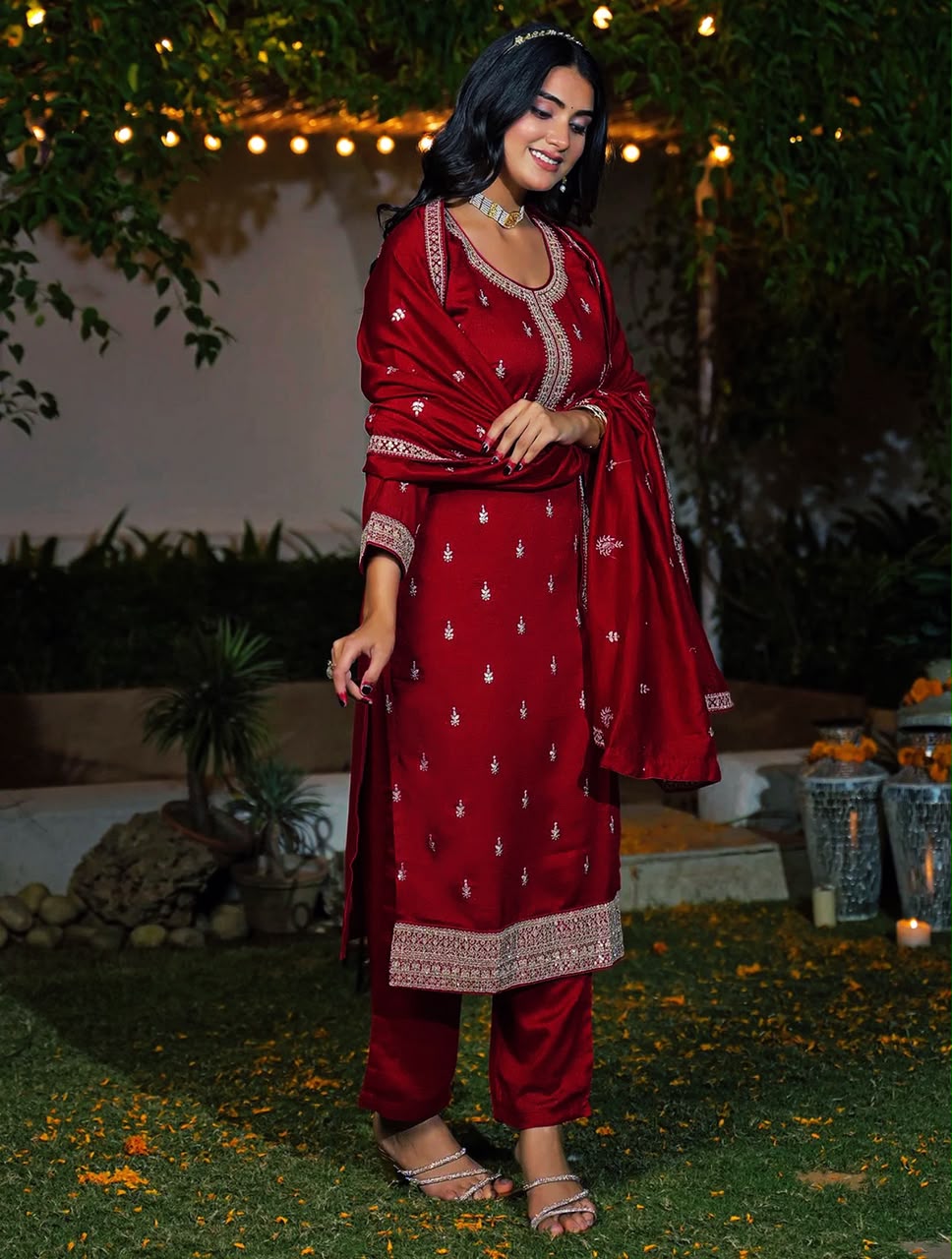 Elegant Maroon Silk Embroidered Kurta Set with Dupatta