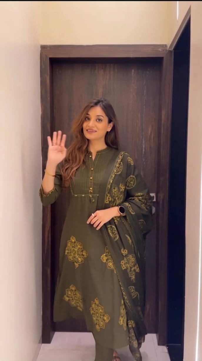 Jaipuri Cotton Olive Green Printed Anarkali Kurta Pant & Dupatta Set