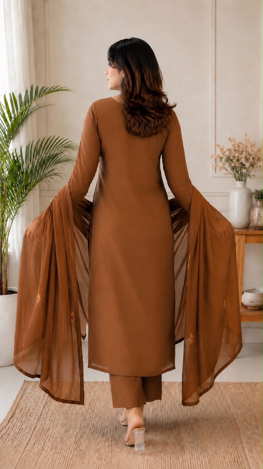 Coffee Brown Embroidered Straight Kurta with Pants & Dupatta Set (3-Piece)