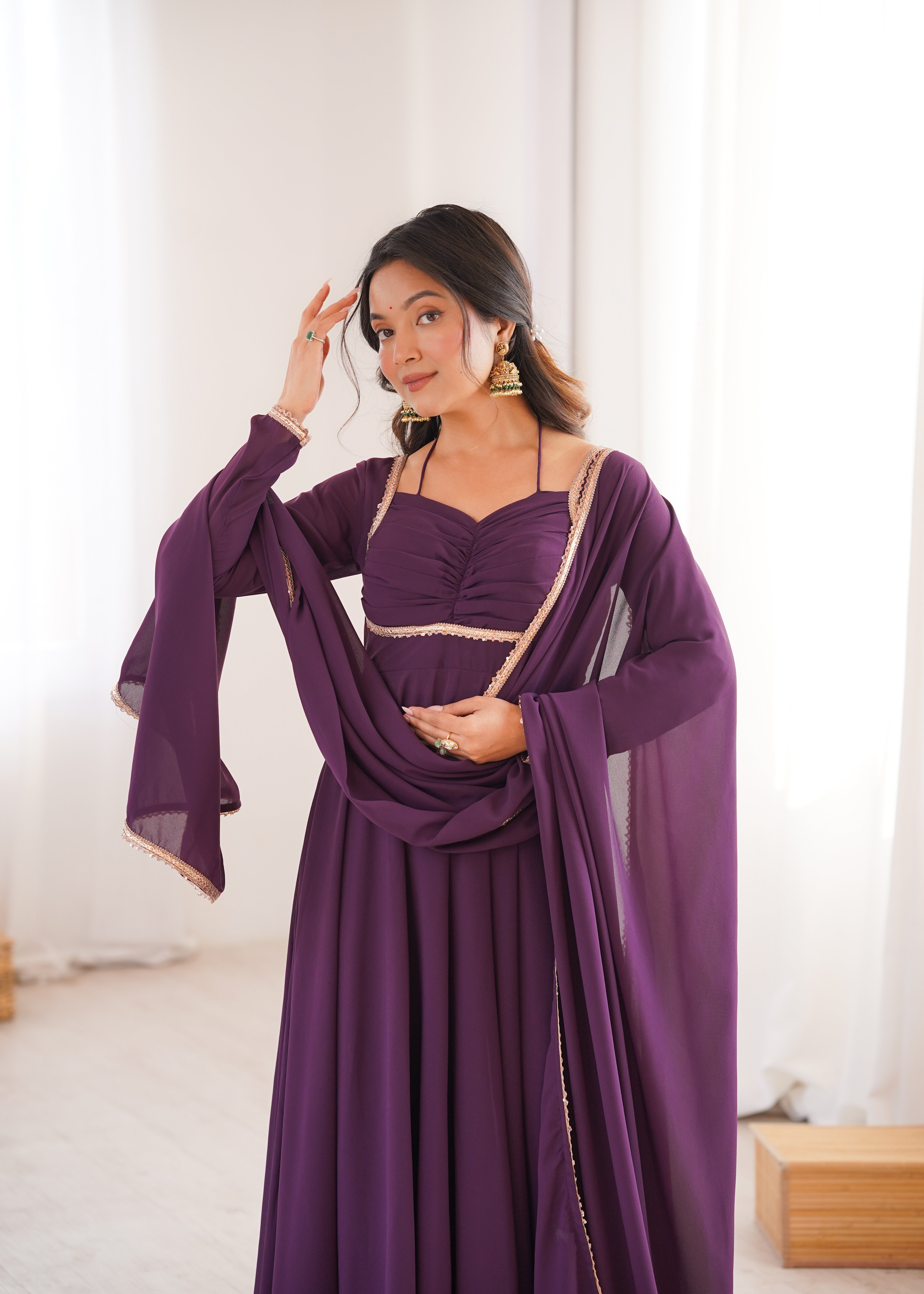 Wine Pure Fox Blooming Georgette Anarkali Dress With Dupatta