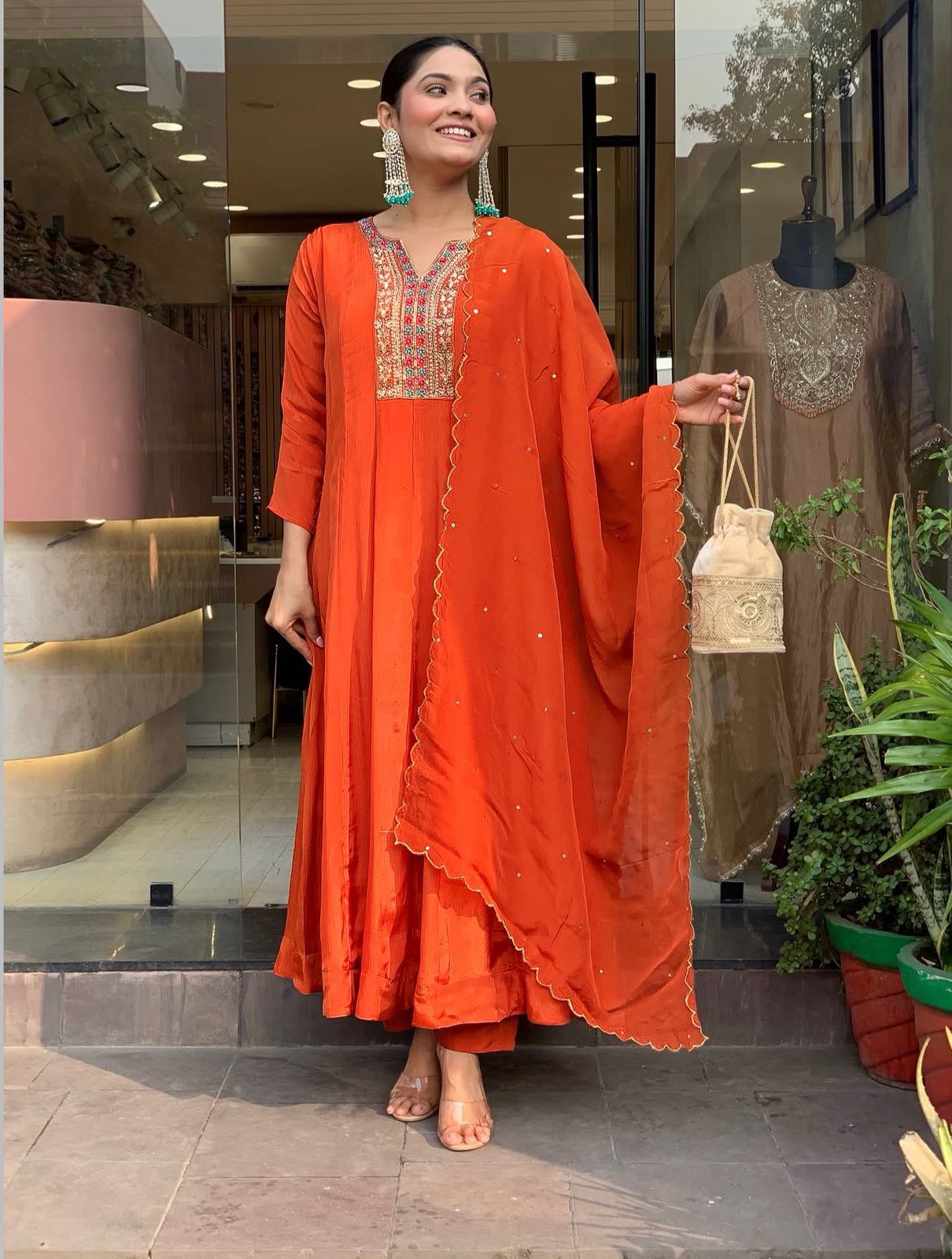 Orange Silk Blend Embroidered Festive Anarkali Suit Set