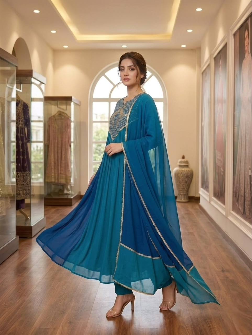 Peacock Embroidered Teal Blue Anarkali Kurta Set with Dupatta