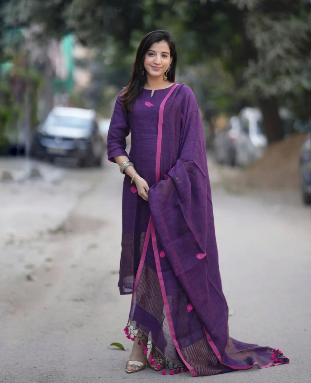 Purple Ethnic Kurta Pant Set with Dupatta