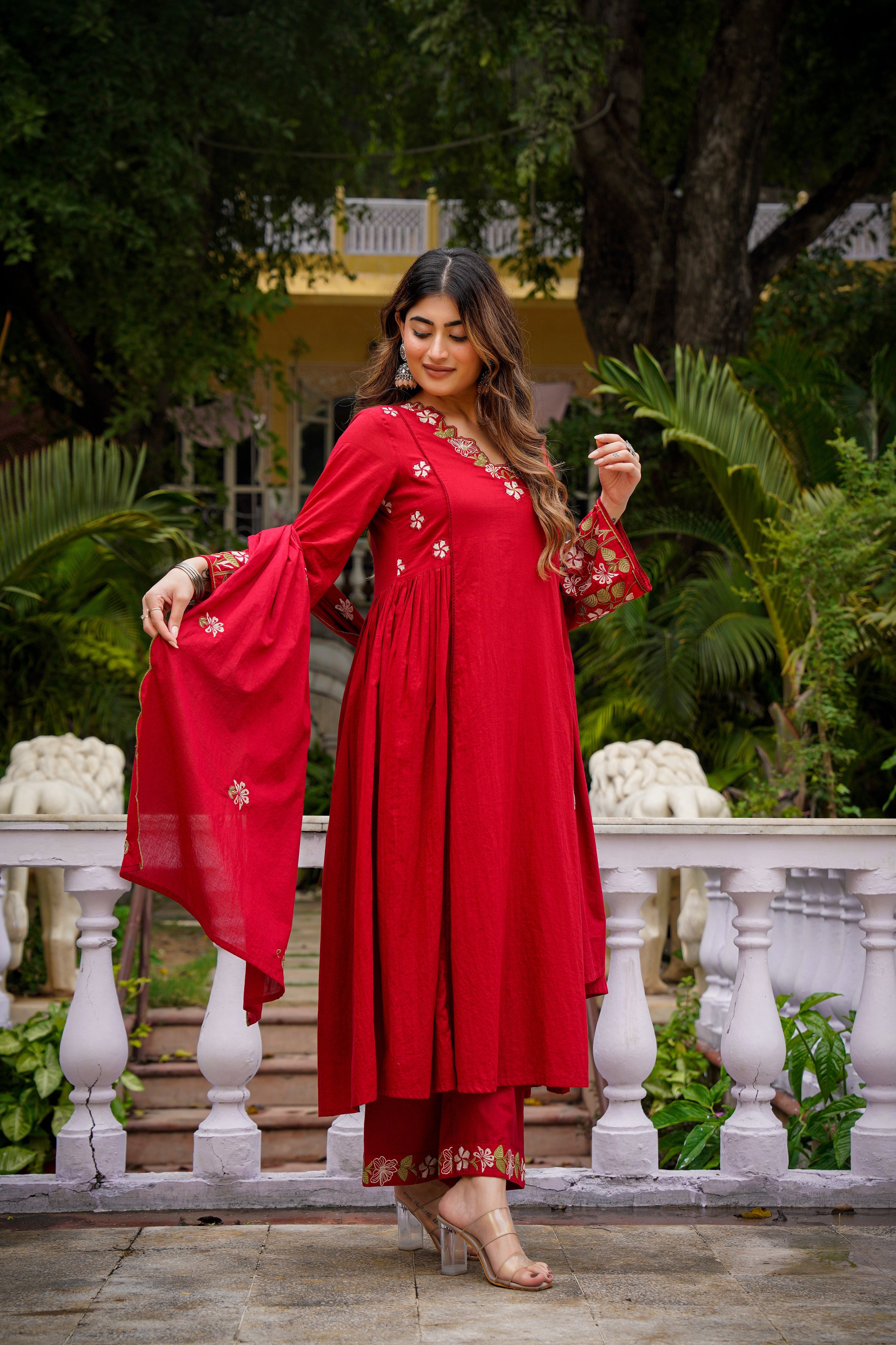 Crimson Red Anarkali Kurta and Palazzo Set