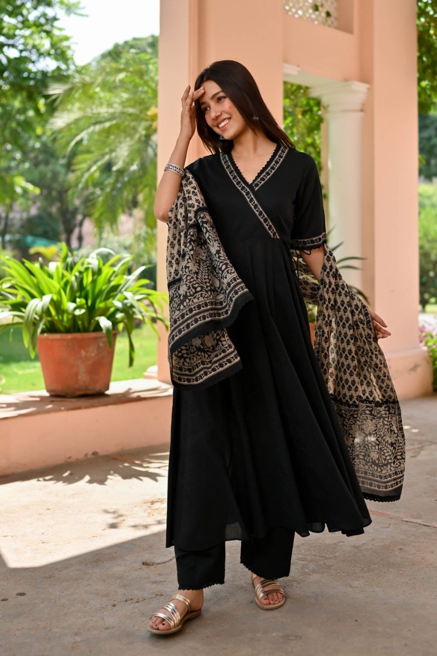 Elegant Black Angrakha Kurta Set with Block Print Dupatta