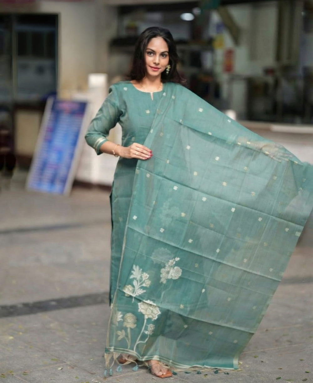 Women's Elegant Sage Green Woven Floral Silk Kurta Pant Set with Dupatta