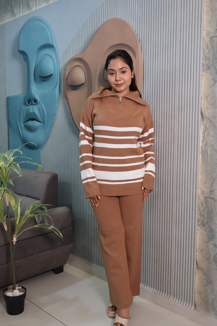 Woolen Knit Co-Ord Set with Striped High Neck To (brown)