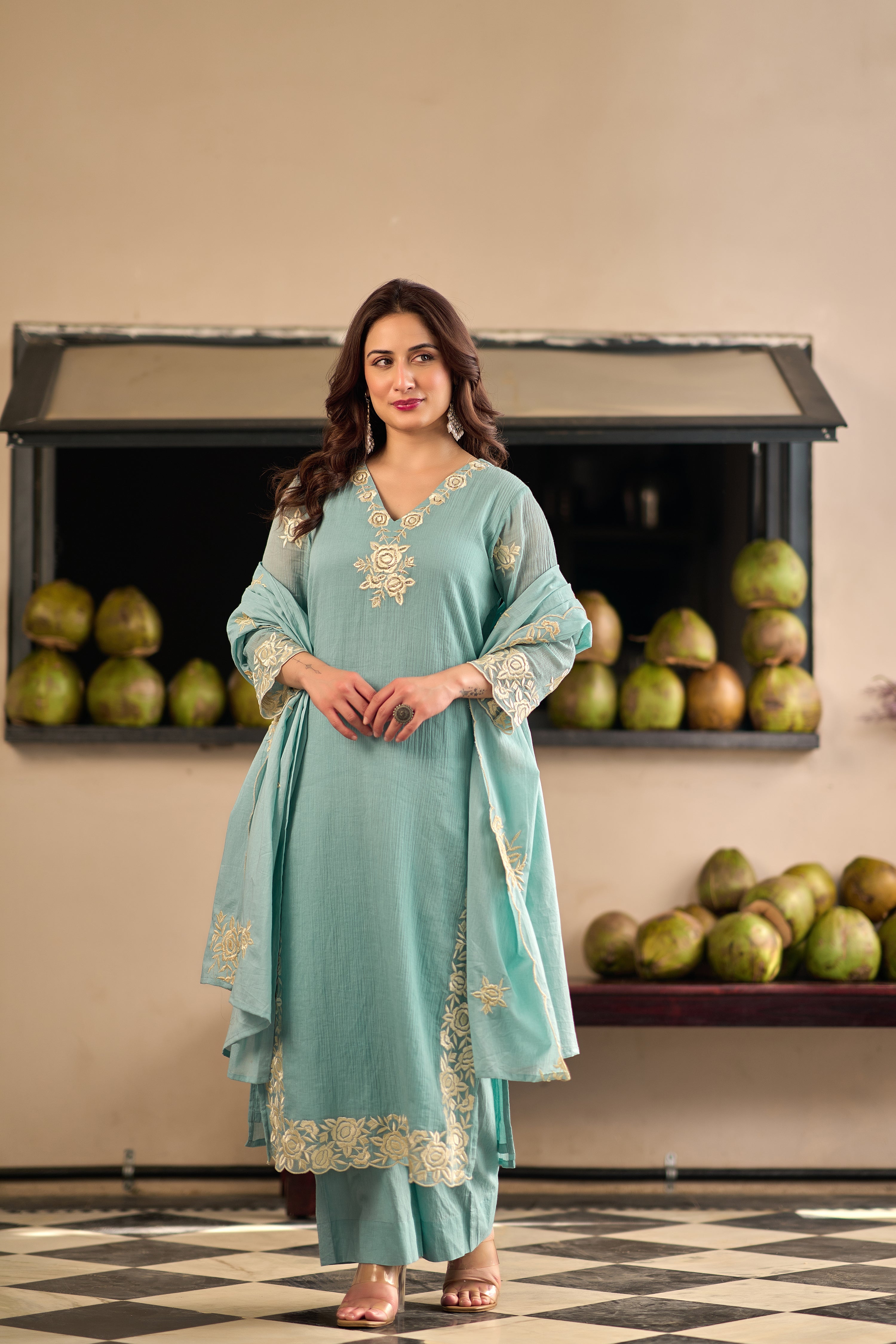 Sky Petal Elegance Sky Blue Embroidered Kurta Set with Dupatta