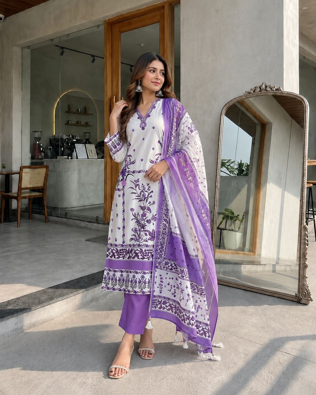 Purple And Off White Cotton Straight Beads And Stones Kurta Dupatta Set
