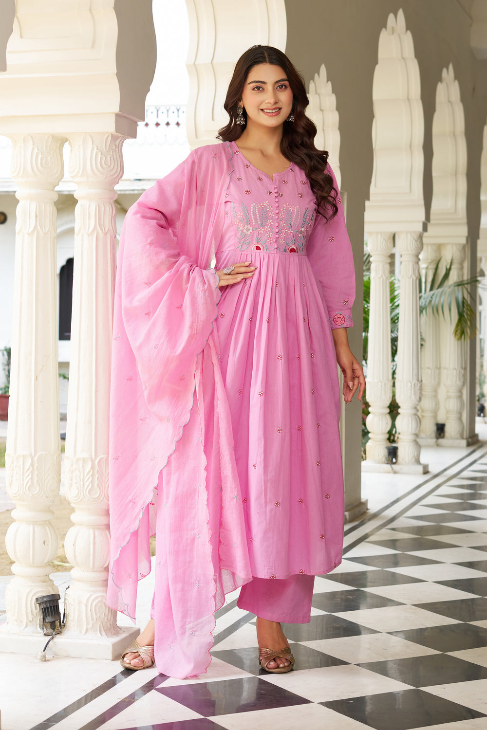Elegant Embroidered Anarkali Kurta Set with Dupatta – Blush Pink