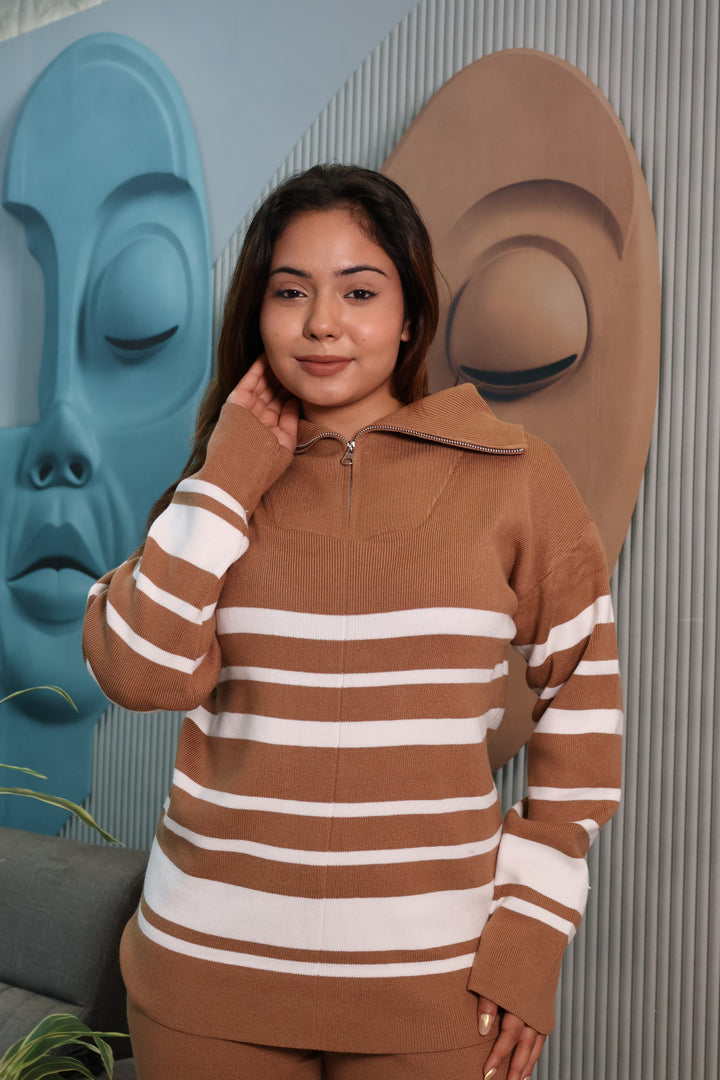 Woolen Knit Co-Ord Set with Striped High Neck To (brown)