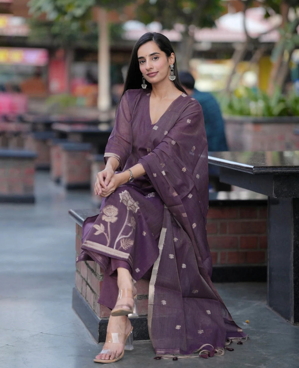 Pastel Mauve Floral Kurta Pant Set with Sheer Dupatta