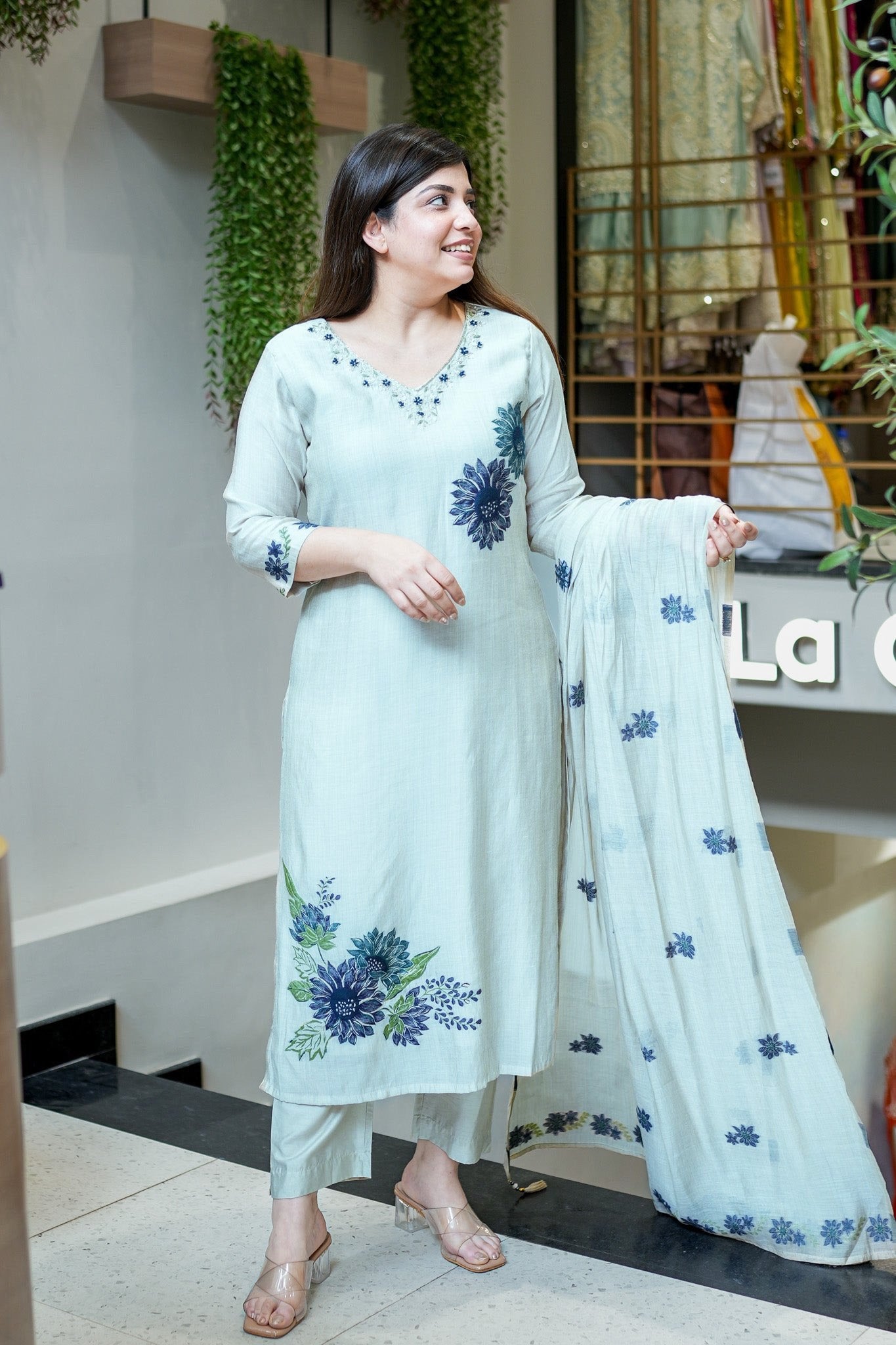 Ice Blue Pure Lilan Suit Set for Women