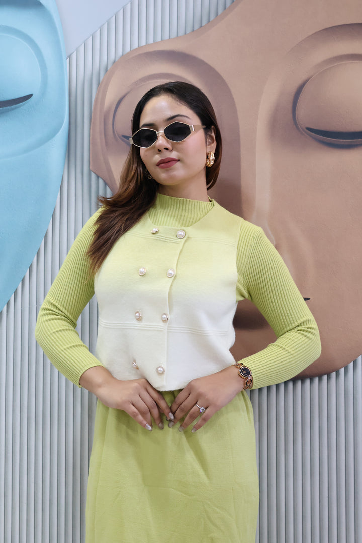 Lime Green Two-Piece Knit Dress with Buttoned Overlay Top Lime Green Two-Piece Knit Dress with Buttoned Overlay Top