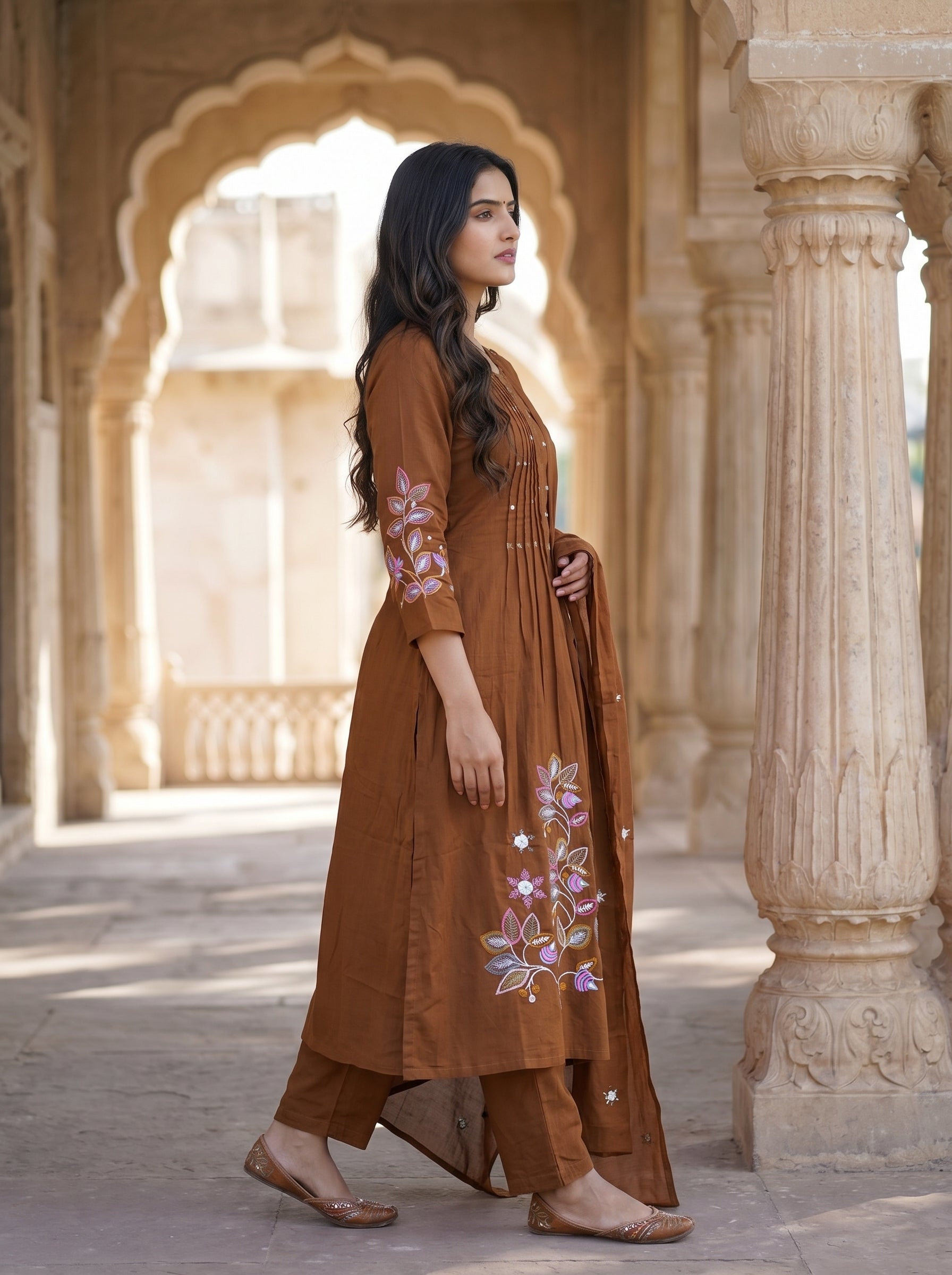 Coffee Brown Embroidered Cotton Kurta Pant Set with Dupatta