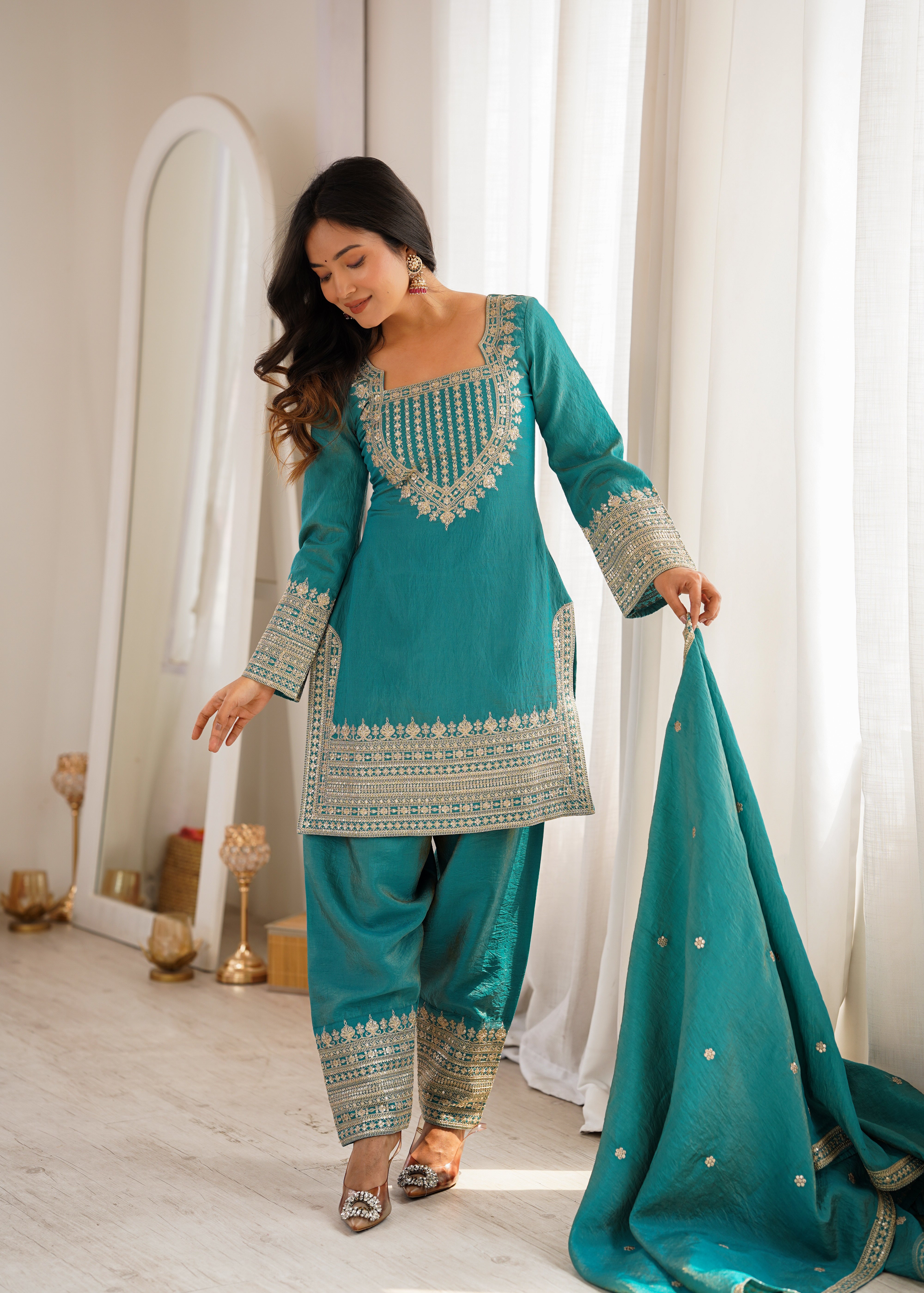 Sea Green Color NC Vichitra Silk Farshi Salwar Suit