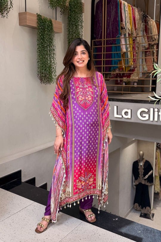 Purple Mustard Printed Kaftan Kurti Set with Beads Work & Pants
