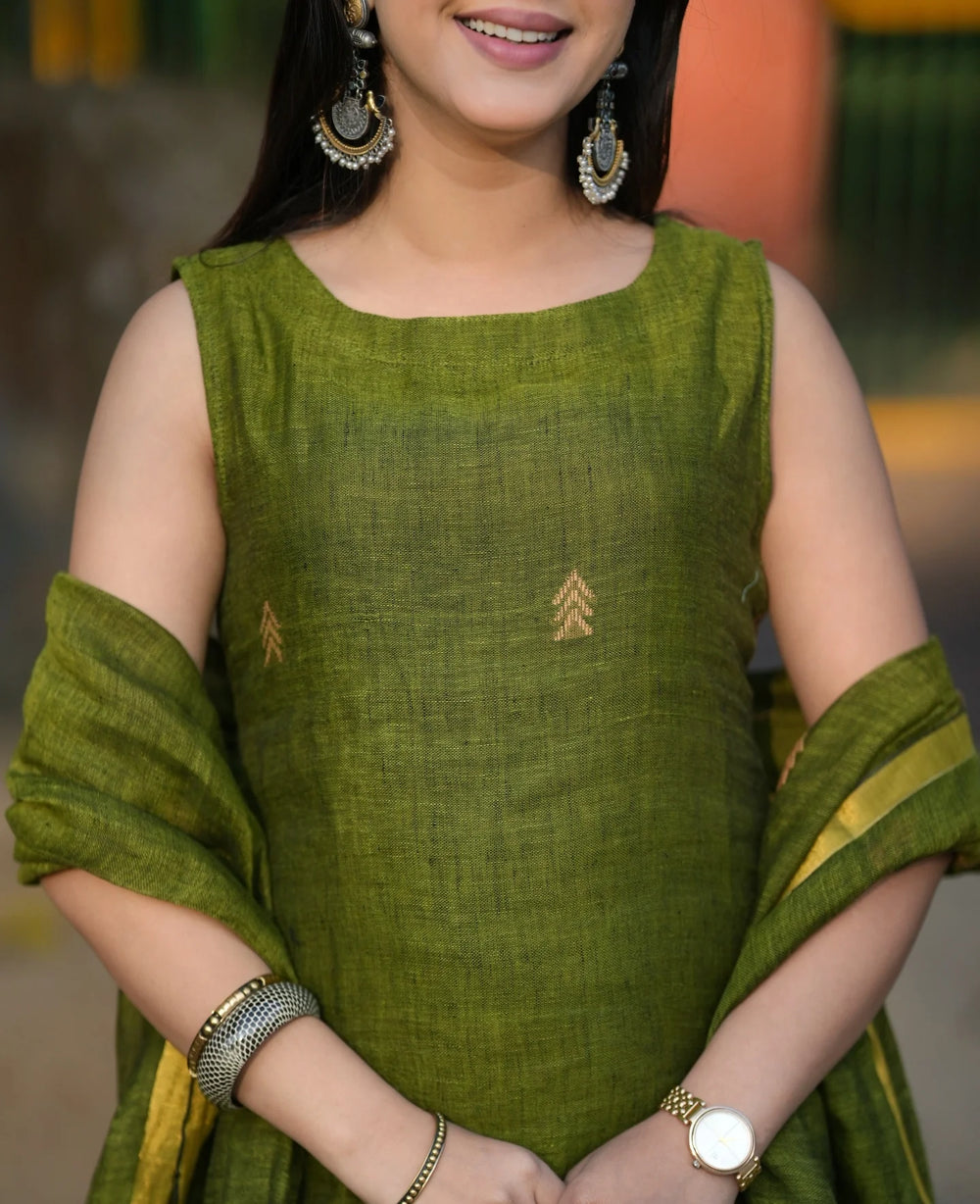 Classic Olive Green Straight Kurta Pant Set with Dupatta