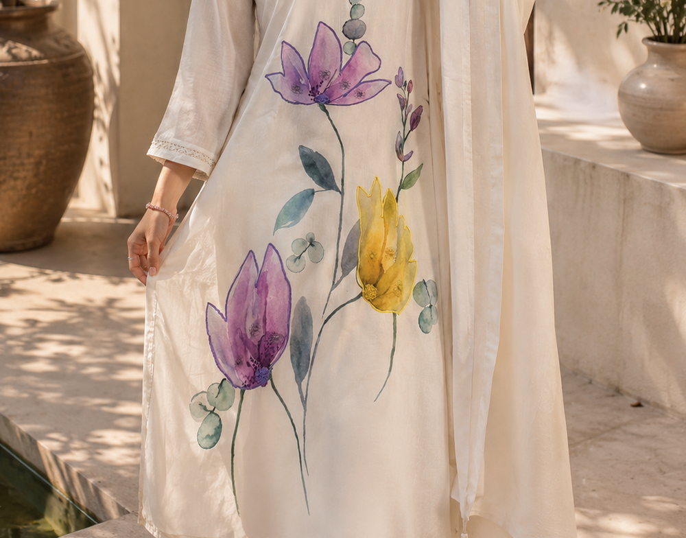 Ivory Floral Printed Kurta Set with Dupatta Elegant Ethnic Wear