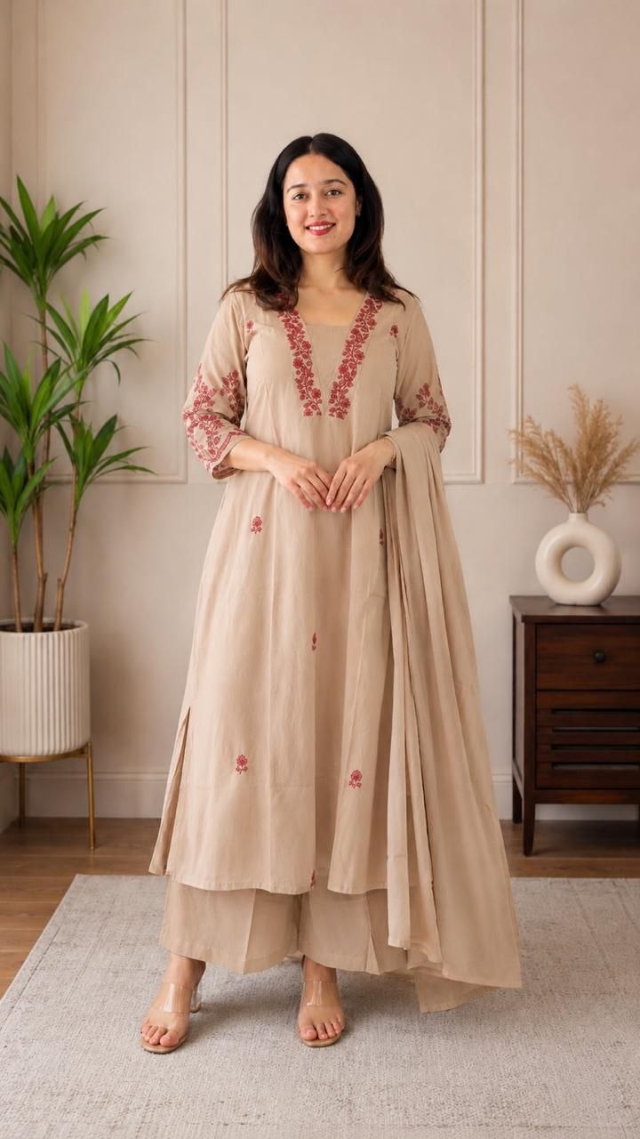 Beige Floral Embroidered Cotton Anarkali Kurta with Palazzo & Dupatta Set