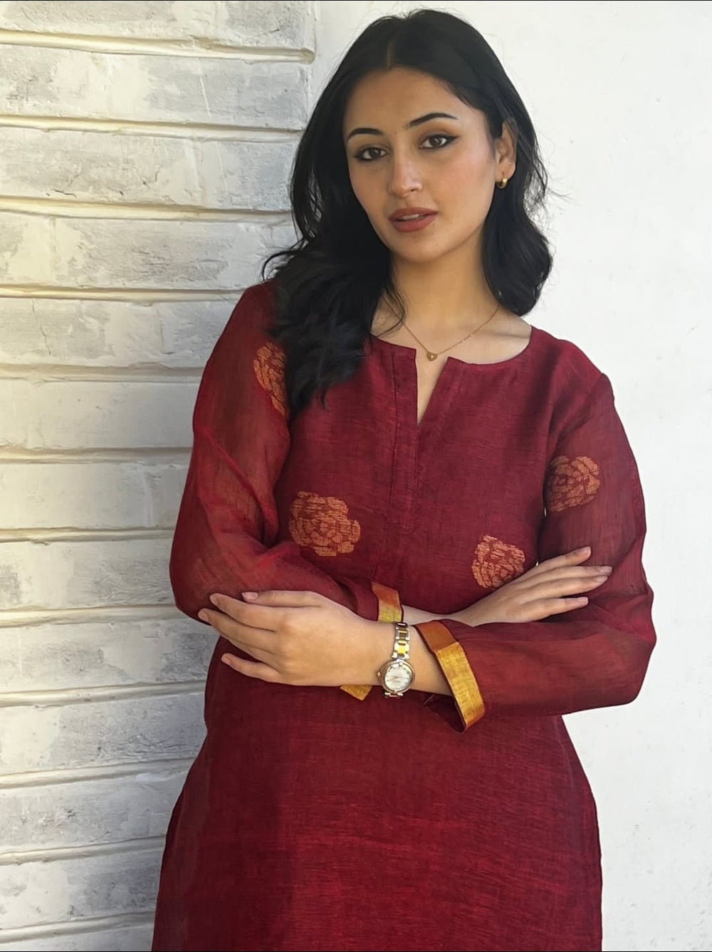 Maroon Straight Kurta Set featuring Exquisite Handwoven Border